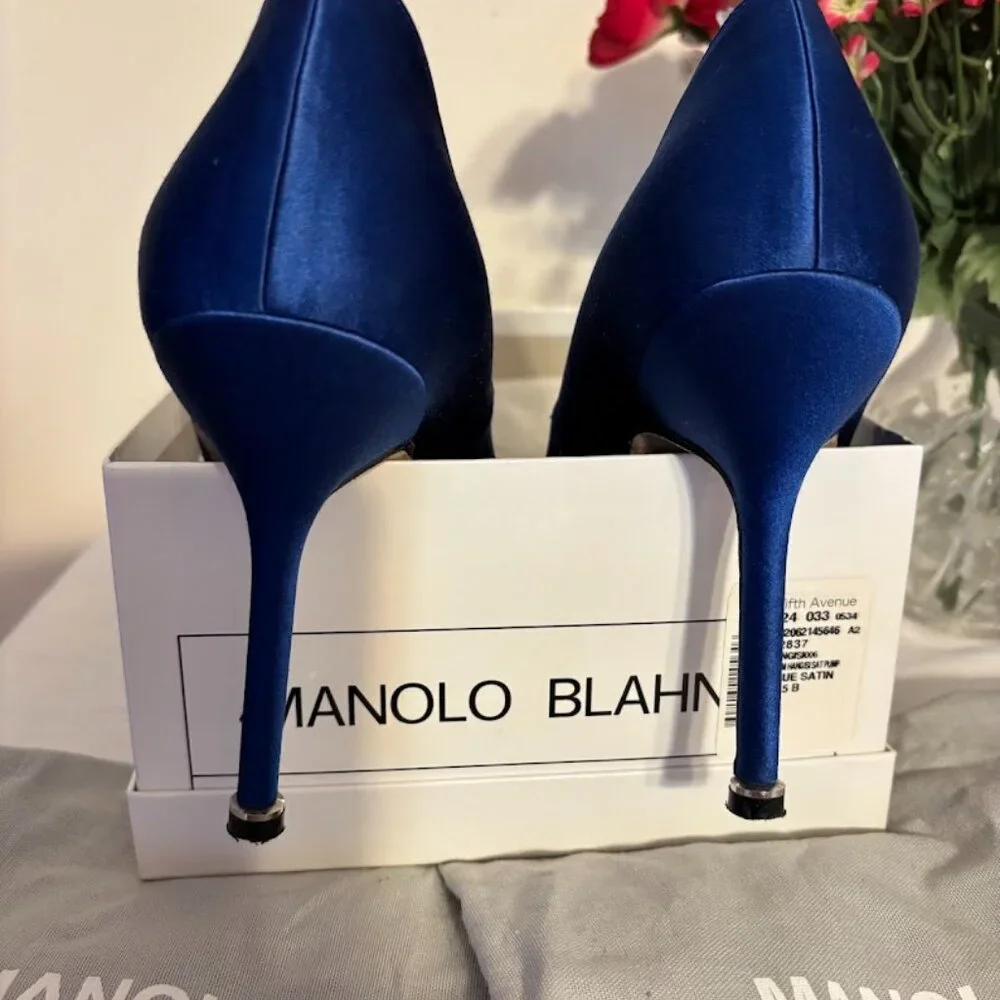 Manolo Blahnik Hangisi Jeweled Heel Blue Satin Pump Shoes - size 8.5 - Picture 13 of 16